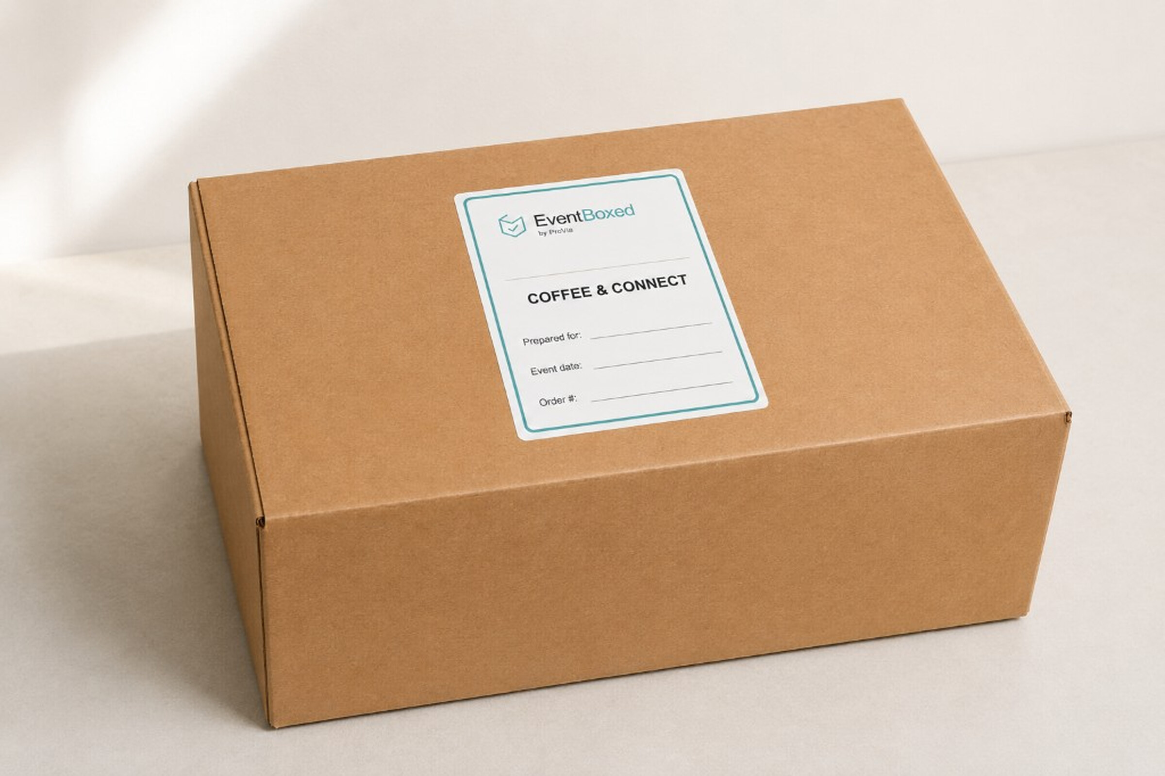 Closed EventBoxed kraft supplies box with Coffee and Connect label