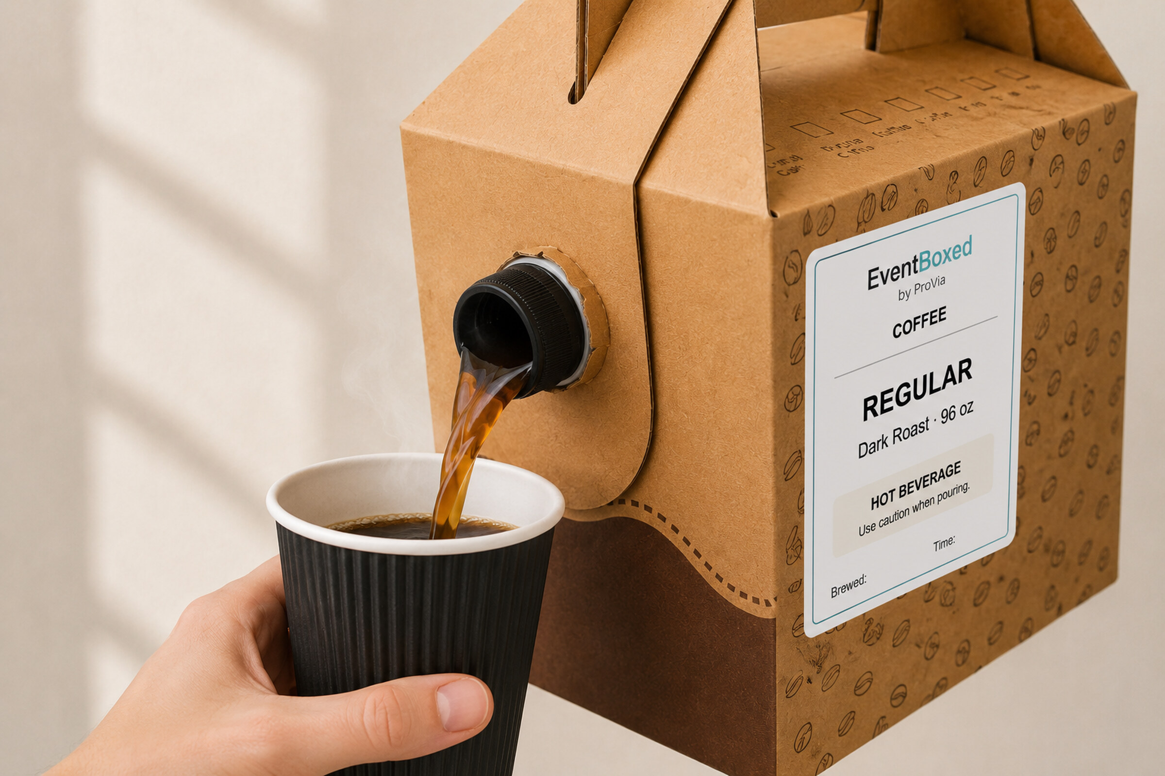 Coffee pouring from an EventBoxed traveller into a black cup